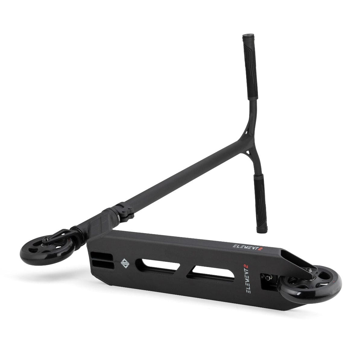 A black Drone Element 2 Feather-Light Complete Stunt Scooter lies on its side, highlighting its deck, wheels, and handlebars. The deck of the Element 2 Feather-Light boasts cutouts and a minimalist design, while the T-bar handlebars are fitted with rubber grips. This scooter features an IHC aluminum fork and dual-core wheels to ensure a smooth ride.