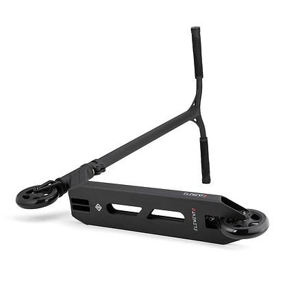 A black Drone Element 2 Feather-Light Complete Stunt Scooter lies on its side, highlighting its deck, wheels, and handlebars. The deck of the Element 2 Feather-Light boasts cutouts and a minimalist design, while the T-bar handlebars are fitted with rubber grips. This scooter features an IHC aluminum fork and dual-core wheels to ensure a smooth ride.