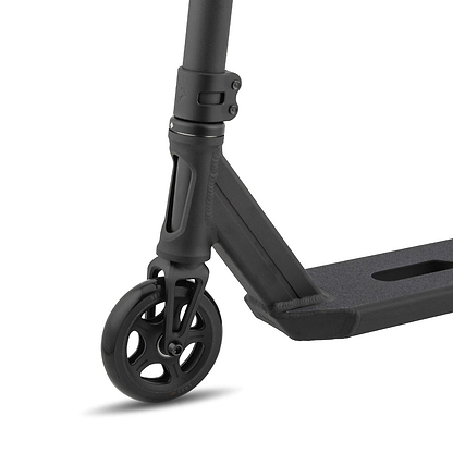 A close-up of the Drone Element 2 Feather-Light Complete Stunt Scooter in black showcases its Dual-Core Wheels and textured deck. The IHC aluminum fork is partially visible, complementing the minimalistic and sleek design of the handlebar stem, embodying the essence of Drone's Element 2 Feather-Light.