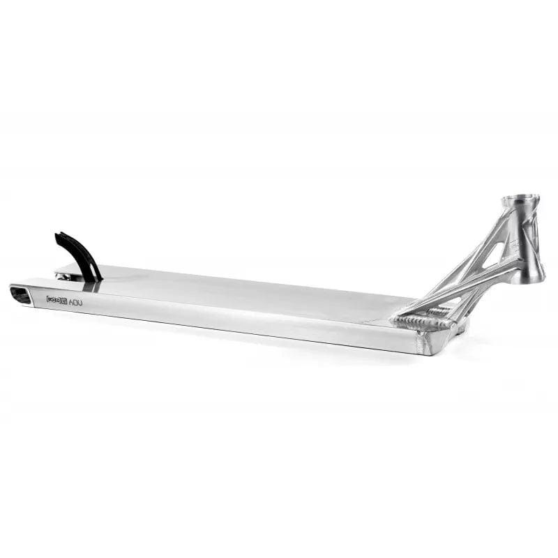 The Ethic DTC Lindworm V4 Raw Silver stunt scooter deck, measuring 5.9" x 21.25", is highlighted for its sleek silver finish and distinctive triangular support structure at the rear. This metallic deck offers a smooth surface and features mounting areas for wheels at both ends, making it an ideal choice for riders looking to blend style with performance.