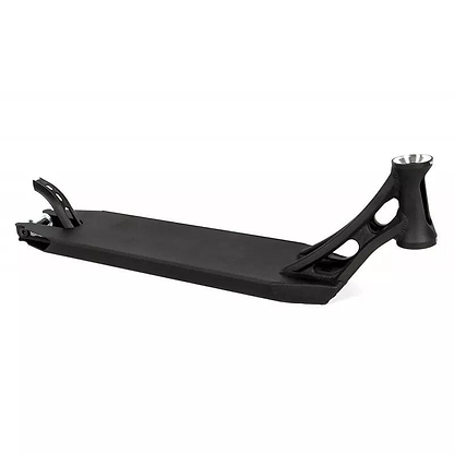 The Ethic DTC Vulcain V2 12 STD Black Stunt Scooter Deck - 5.5" x 22.8" boasts a sleek black finish with an angular, minimalist design set against a white background. It features cut-out details, a reinforced head tube for handlebars, and the 12 STD bearing system, making it ideal for urban stunt riding.
