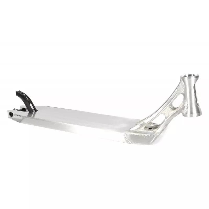 Introducing the Ethic DTC Vulcain V2 12 STD Raw Silver Stunt Scooter Deck, a stylish deck with a futuristic design. This versatile scooter deck features polished surfaces and intricate cutouts near the headtube, along with a 12 STD bearing system for improved stability and control, complemented by a rear-end grip.