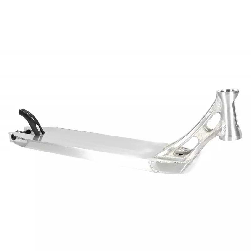 Introducing the Ethic DTC Vulcain V2 12 STD Raw Silver Stunt Scooter Deck, a stylish deck with a futuristic design. This versatile scooter deck features polished surfaces and intricate cutouts near the headtube, along with a 12 STD bearing system for improved stability and control, complemented by a rear-end grip.