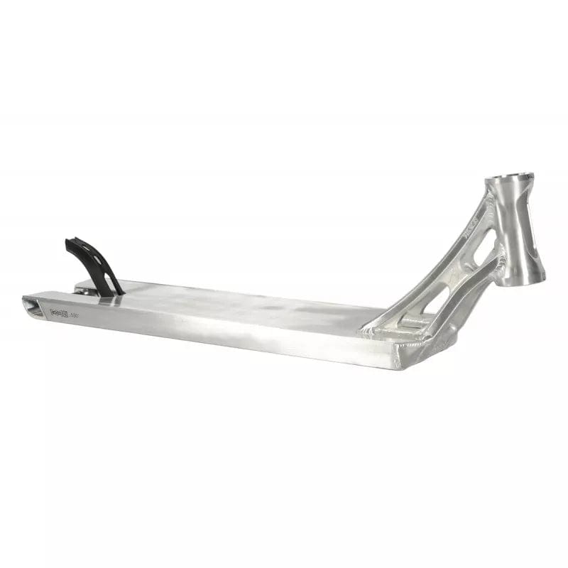 Introducing the Ethic DTC Vulcain V2 Boxed 12 STD Raw Silver Stunt Scooter Deck, measuring 5.5" x 22.8". This deck features a sleek, raw silver metallic design with a reinforced structure. The intricate cutouts on the neck not only reduce weight but also enhance style, while its smooth, flat base ensures optimal foot placement. It is compatible with the 12 STD bearing system for improved performance.