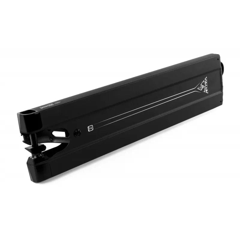 A black electric scooter battery with a sleek, rectangular design is displayed against a white background. It features sockets and connectors on one end, resembling the precise engineering of the Ethic DTC Vulcain V2 Boxed Stunt Scooter Deck, and branding text on the side.
