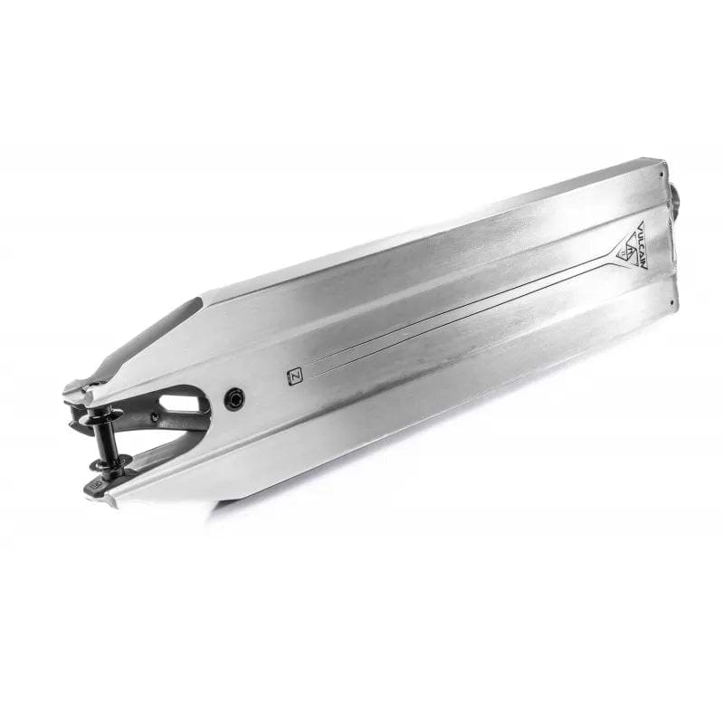 A stylish Ethic DTC Vulcain V2 12 STD Raw Silver Stunt Scooter Deck measuring 5.5" x 22.8", showcasing a minimalist aesthetic with sleek lines and a subtle logo near the edge. This adaptable deck features the 12 STD bearing system and is displayed horizontally against a simple white background.