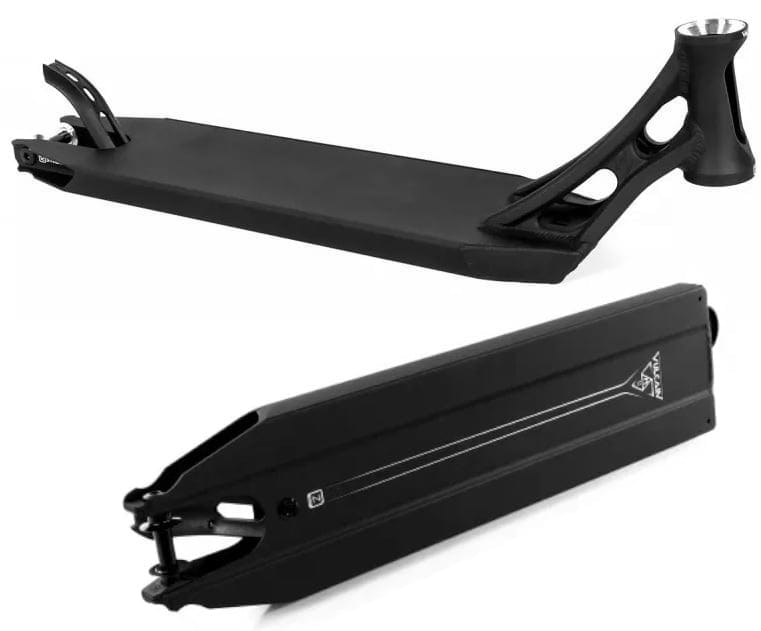 A black Ethic DTC Vulcain V2 12 STD Stunt Scooter Deck, measuring 5.5" x 22.8", is displayed from two perspectives. The top view emphasizes its elegant design, while the bottom view features the logo and intricate details. This adaptable deck includes a headtube for handlebars and is designed to be compatible with the 12 STD bearing system for smooth rides.