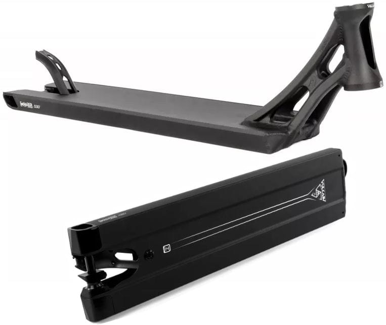 The top black scooter deck in the image is the Ethic DTC Vulcain V2 Boxed 12 STD Black Stunt Scooter Deck, measuring 5.5" x 21.25", with a sleek and aerodynamic design featuring cutouts. The bottom deck highlights its boxed rear end, offering remarkable strength and durability. Both decks come with mounting points and support the 12 STD bearing system for optimal performance.