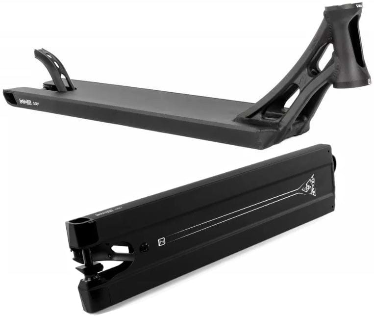 The top black scooter deck in the image is the Ethic DTC Vulcain V2 Boxed 12 STD Black Stunt Scooter Deck, measuring 5.5" x 21.25", with a sleek and aerodynamic design featuring cutouts. The bottom deck highlights its boxed rear end, offering remarkable strength and durability. Both decks come with mounting points and support the 12 STD bearing system for optimal performance.