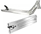 Two silver scooter decks by Ethic are displayed, one from the side and the other from the bottom. The Ethic DTC Vulcain V2, with its boxed 12 STD design, showcases angular features and cutouts near the neck in the side view, while smooth lines and wheel mounts are prominent in the bottom view, highlighting its suitability for any stunt scooter setup.