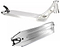 The Ethic DTC Vulcain V2 12 STD Raw Silver Stunt Scooter Deck from Ethic features a sleek silver finish with a minimalist aesthetic. It is designed with a flat top surface, open side cutouts to reduce weight, and a reinforced headtube. The deck offers versatile angles and includes the 12 STD bearing system, which can be observed from both side and top perspectives.