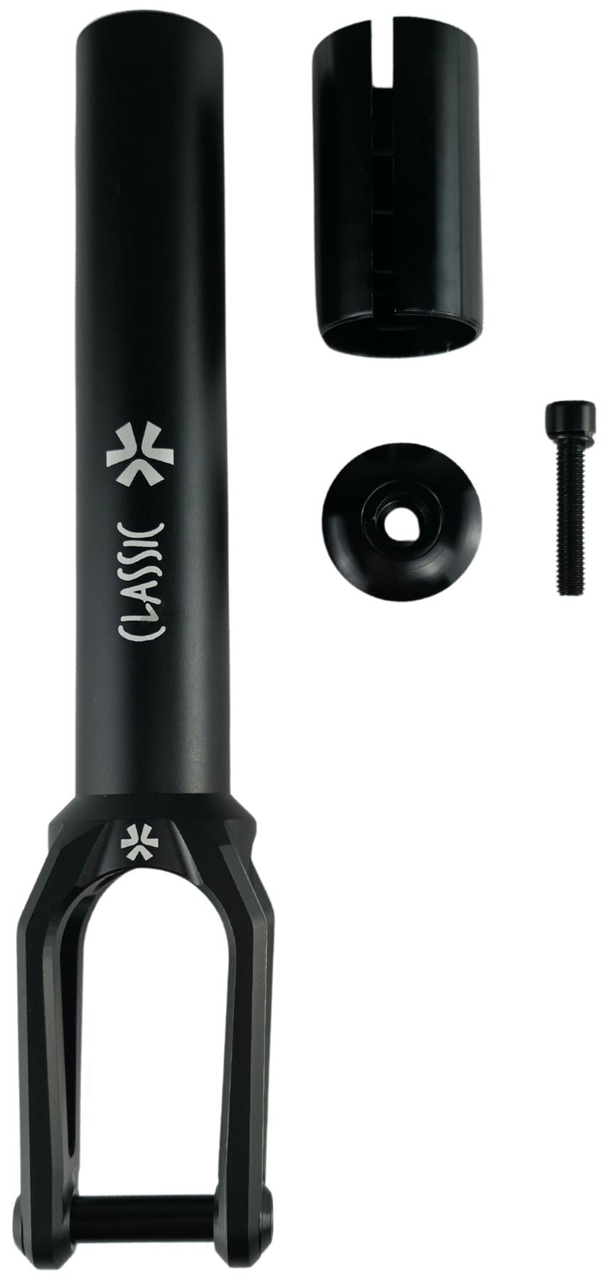 Union Classic Lightweight HIC/SCS Stunt Scooter Fork Set by Union in black includes a fork, cylindrical spacer, round cap, and bolt. The fork features “CLASSIC” and the Union logo printed on it, all shown on a white background.
