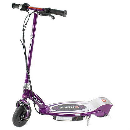 The Razor E100 Kids 24V Electric Scooter by Razor, shown in purple with black handlebars, a white and black deck, and two wheels, is displayed from a side angle against a plain white background.