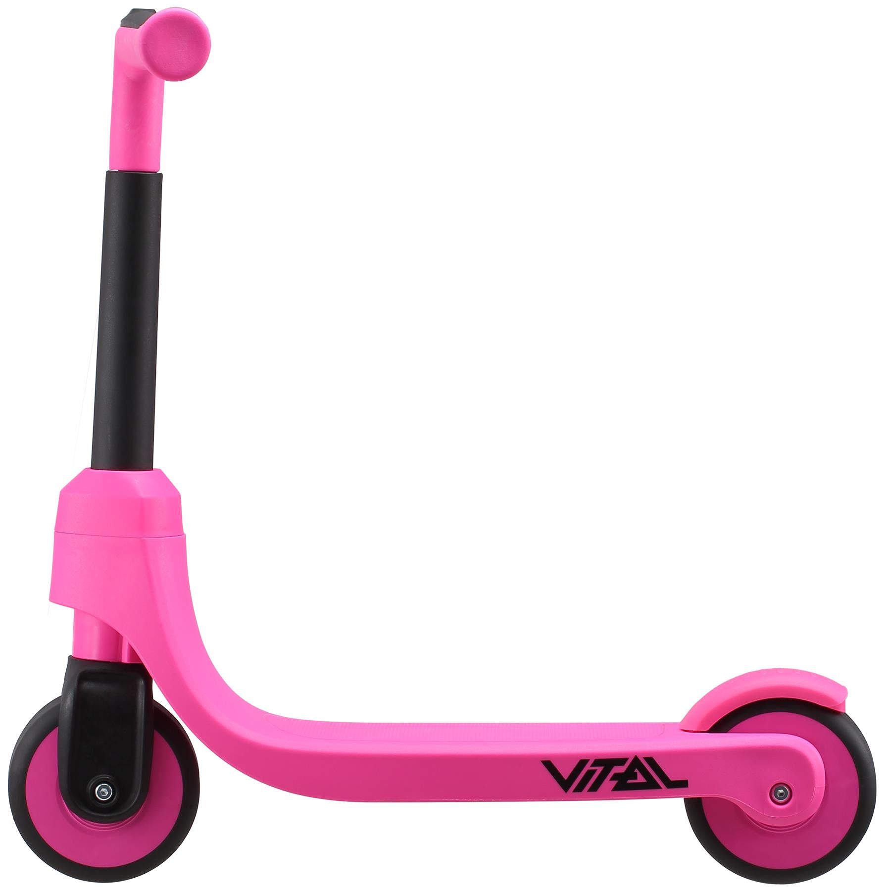 The Vital First Kids Scooter - Pink / Black features two wheels, black handlebars, and the "Vital" logo on the side. Its simple, modern design makes it perfect for children.