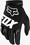 The FOX Dirtpaw Skate Protection Gloves in black/white feature a white FOX logo and lettering on the back, a padded palm for comfort, and are designed for motocross or mountain biking.
