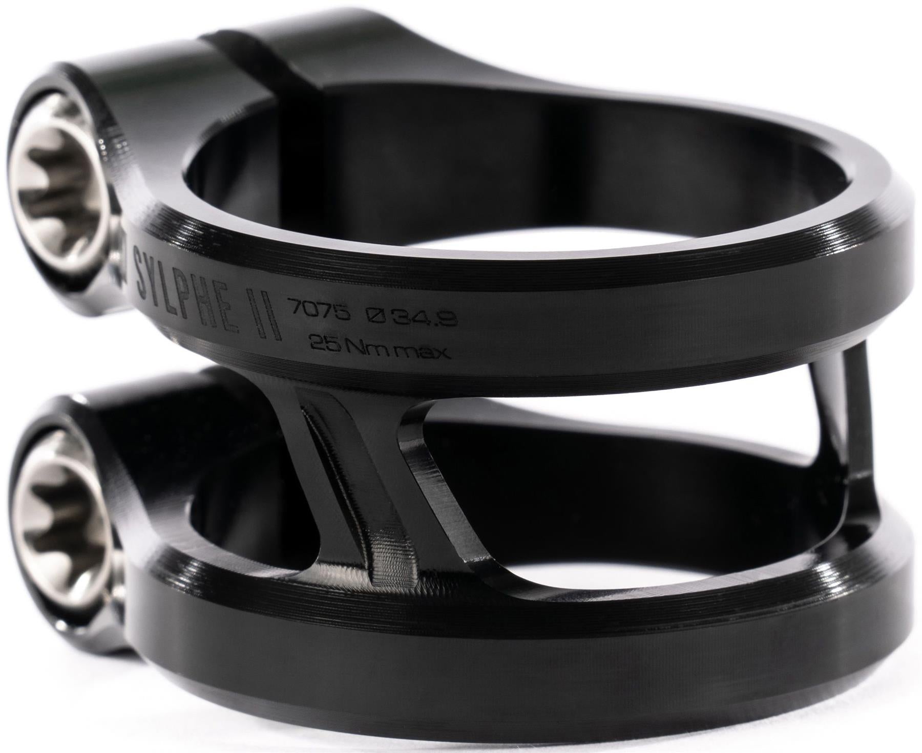Close-up of the Ethic DTC Sylphe V2 2 Bolt Oversized Stunt Scooter Clamp by Ethic in black, crafted from 7075 aluminum with engraved "SYLPHE II 7075 Ø34.9 25 Nm max." text and a sleek, modern design for lightweight performance.