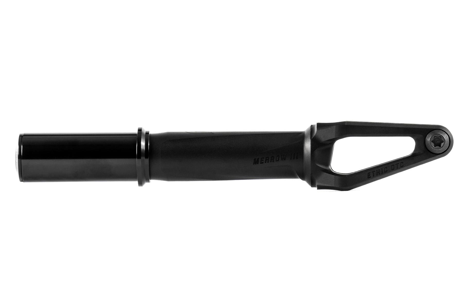 The Ethic Merrow V3 IHC Stunt Scooter Fork in black by Ethic features lightweight 7075 aluminum, a cylindrical shaft, and an open triangular cutout design, shown from the side against a white background.