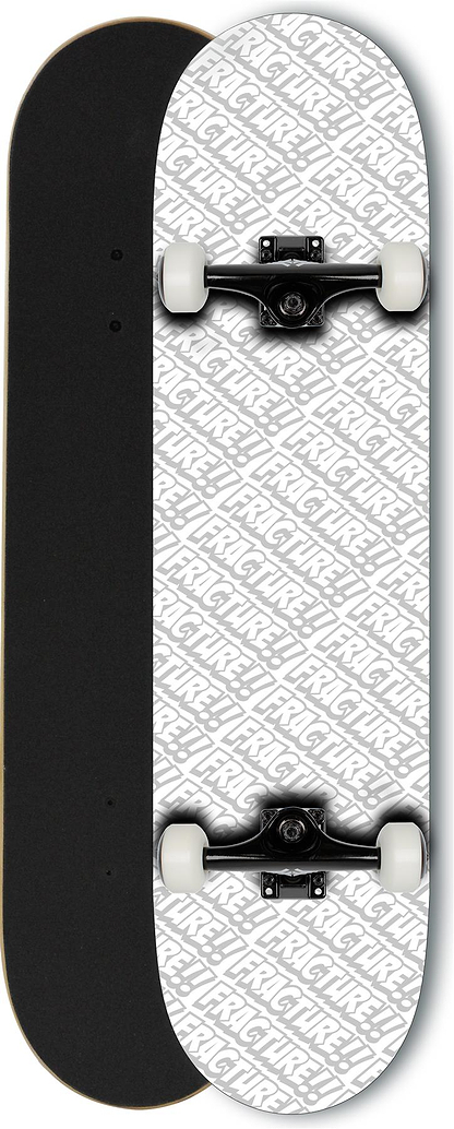 Two Fracture All Over Comic White Complete Skateboards (8.25" x 31.75") are side by side: the left shows black grip tape, while the right reveals a white underside with an all-over comic pattern, both featuring white wheels and silver trucks.