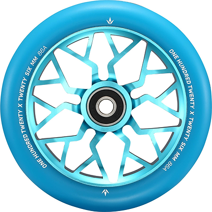 A Blunt Envy Sector 120mm Stunt Scooter Wheel in teal, with a black center bearing and geometric metallic teal spokes. White text on the edge reads “ONE HUNDRED TWENTY X TWENTY SIX MM 86A.”.