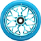 A Blunt Envy Sector 120mm Stunt Scooter Wheel in teal, with a black center bearing and geometric metallic teal spokes. White text on the edge reads “ONE HUNDRED TWENTY X TWENTY SIX MM 86A.”.