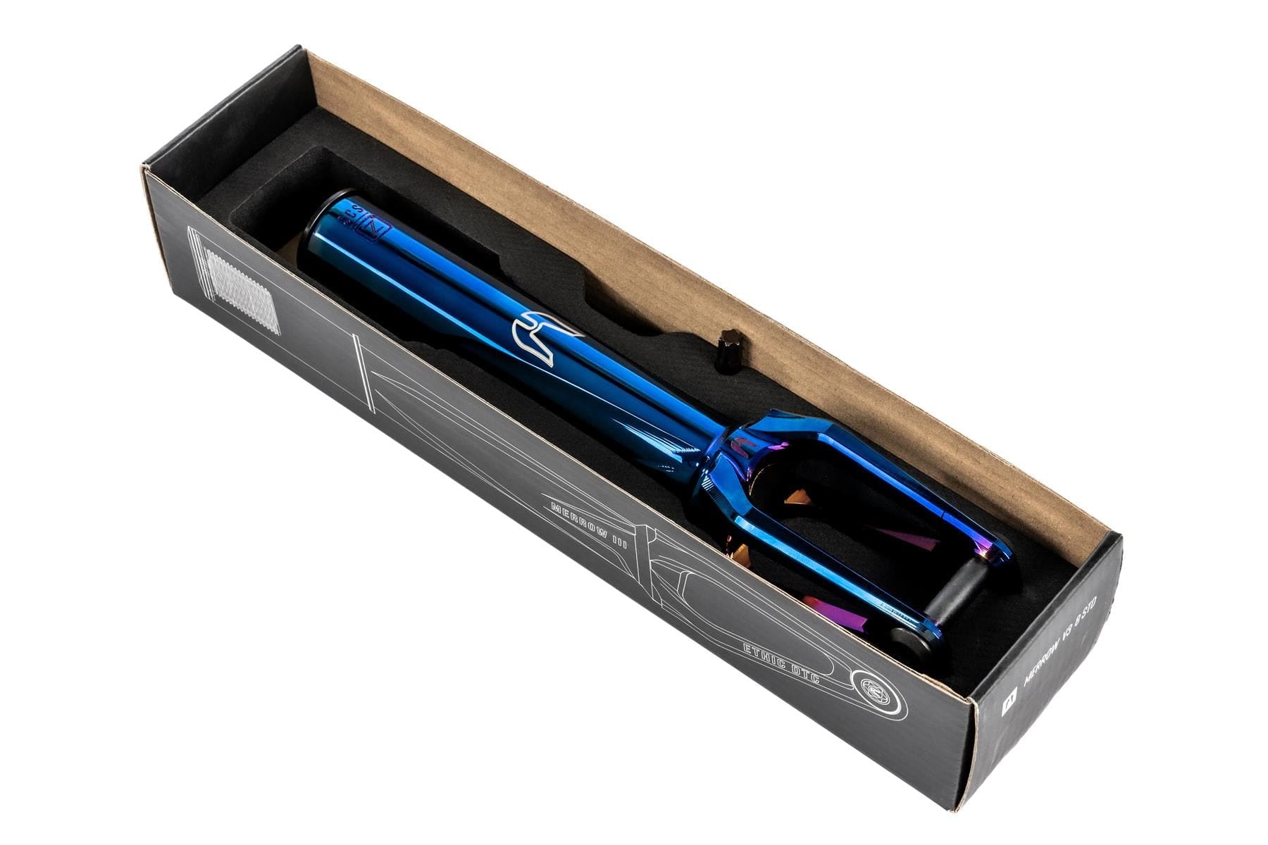 The Ethic DTC Merrow V3 SCS Stunt Scooter Fork in Chrome Blue by Ethic, made from 7075 aluminium and renowned for its light weight, is shown in a black box with custom foam packaging, viewed from above on a white background.