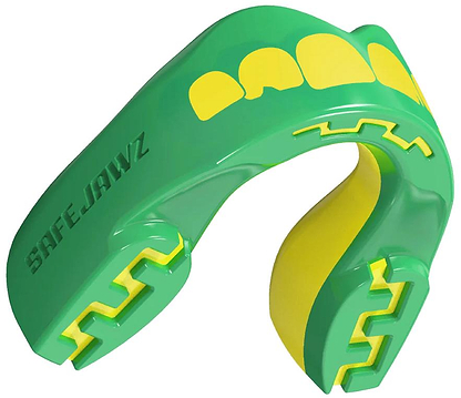 The Safejawz Extro Series Protection Mouthguard - Ogre is a green and yellow sports mouthguard with bold yellow teeth graphics on the front and "SAFEJAWZ" branding engraved on the side.