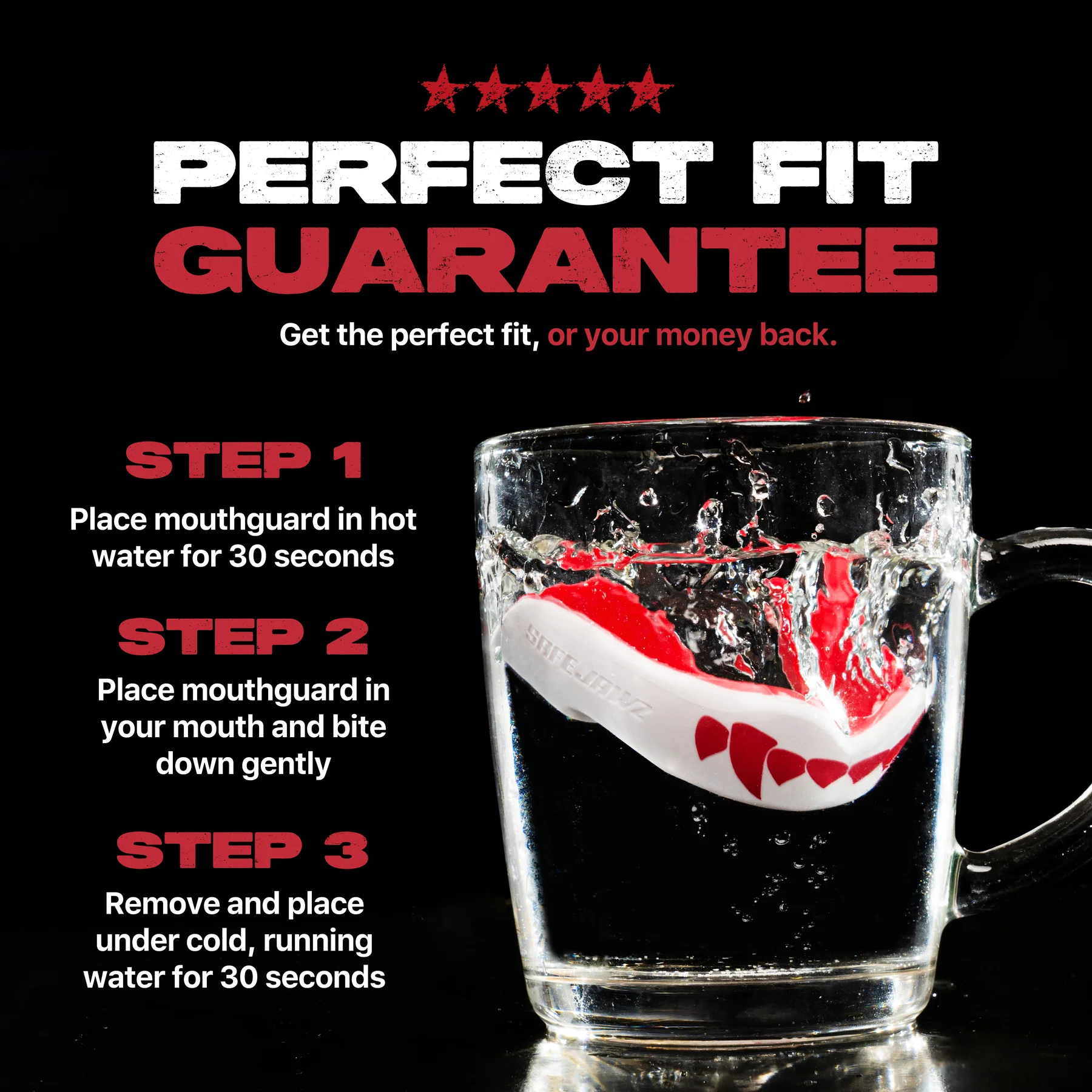 The Safejawz Extro Series Protection Mouthguard - Pink Fangz is shown submerged in water with fitting instructions and bold text: "PERFECT FIT GUARANTEE: Hi-impact protection and the perfect fit, or your money back.