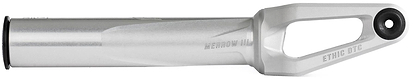 The Ethic DTC Merrow V3 8/12STD SCS Stunt Scooter Fork in raw features a silver cylindrical body, a triangular cutout near the top, and "MERROW V2" and "ETHIC DTC" engraved. Compatible with 12STD forks or as an upgrade to Merrow V3.
