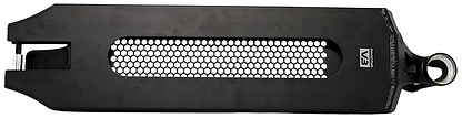 The Root Industries Invictus V3 Black Stunt Scooter Deck (5.2" x 19.7") features a smooth black finish, honeycomb-pattern center cutout, circular mounting hole on one end, and a small logo near the right side.