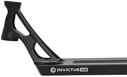 Close-up of the Root Industries Invictus V3 Black Stunt Scooter Deck (5.2" x 19.7") featuring a geometric, open-frame neck and the Root Industries logo and name on the side for a sleek, professional appearance.