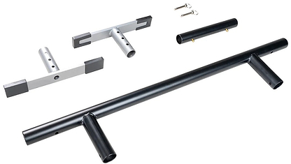 Disassembled Madd Gear MGP Grind Rail Extension Kit - 91cm set with two black and silver steel handles, two short metal brackets with rubber ends, one cylindrical part, and two small keys—all displayed on a white background.