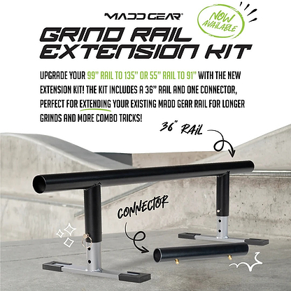 A black 91cm grind rail with a silver connector is shown on a skate park floor. Text highlights the Madd Gear MGP Grind Rail Extension Kit by Madd Gear, ideal for upgrading rails for longer grinds and combo tricks. A green "Now Available" badge appears.