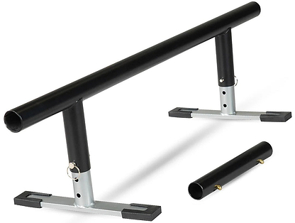 A black metal grind rail with a cylindrical bar, supported by two vertical posts on flat bases. To the right is a detachable section compatible with the Madd Gear MGP Grind Rail Extension Kit - 91cm from Madd Gear (MGP).