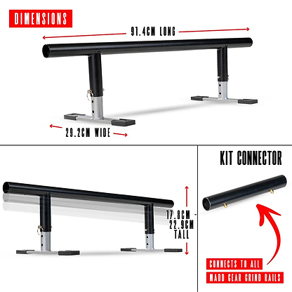 A black and silver grind rail, 91.4cm long, 29.2cm wide, height adjustable from 17.8 to 22.9cm, is compatible with the Madd Gear MGP Grind Rail Extension Kit - 91cm for easy extension options.