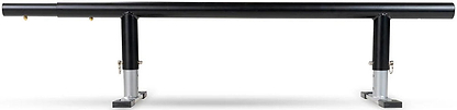 A Madd Gear black metal grind rail with two sturdy supports and flat bases, set against a white background, is compatible with the Madd Gear MGP Grind Rail Extension Kit - 91cm for added length.