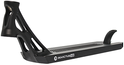 The Root Industries Invictus V3 Black Stunt Scooter Deck (5.2" x 19.7") features a lightweight build, textured grip surface, open-frame neck with cut-out details, curved brake, sleek design, and side logo.
