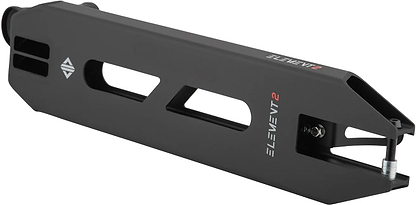 The Drone Element 2 Evo Feather-Light Black Stunt Scooter Deck - 4.5" features a matte black rectangular design with angular cutouts, "ELEMENT 2" in white and red, a small geometric logo, and metal hardware on one end.