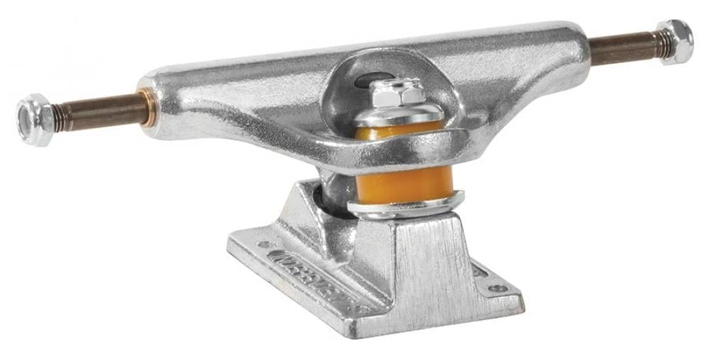 Close-up of an Independent Stage 11 Standard Silver Skateboard Truck by Independent, showcasing the orange bushing and visible threads on both ends. The baseplate is designed with mounting holes for easy attachment to a skateboard deck, enhancing performance during every ride.