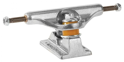 Close-up of an Independent Stage 11 Standard Silver Skateboard Truck by Independent, showcasing the orange bushing and visible threads on both ends. The baseplate is designed with mounting holes for easy attachment to a skateboard deck, enhancing performance during every ride.