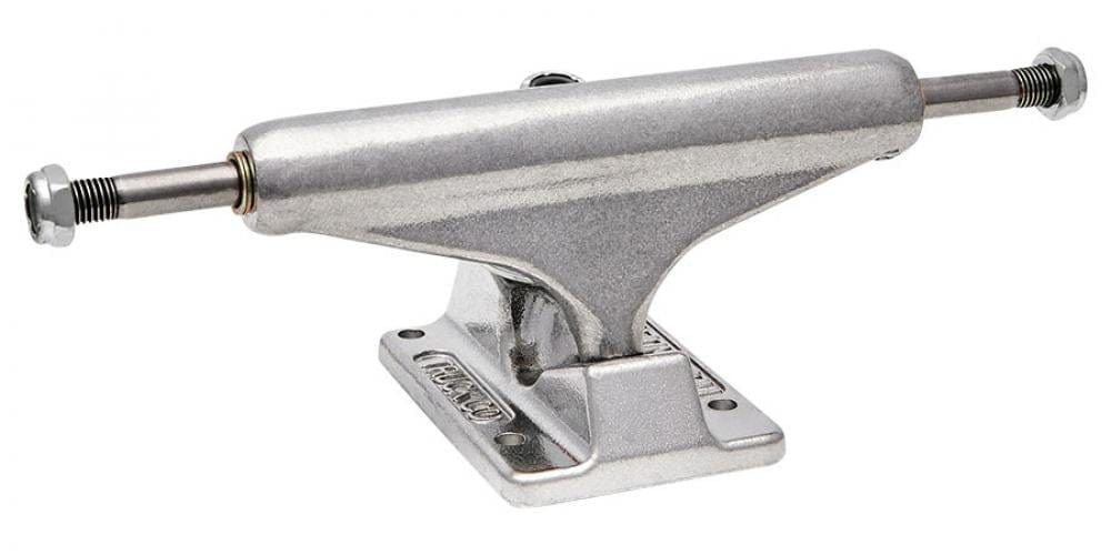 The Independent Stage 11 Standard Silver Skateboard Trucks (Pair) - 144mm highlight a sleek silver metallic finish, complete with an axle and baseplate. Designed to enhance performance, these trucks prominently display the Independent brand name on the baseplate.