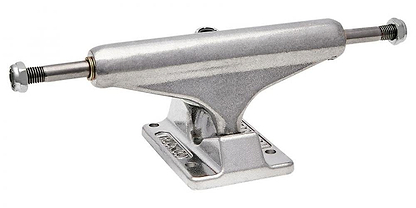 The Independent Stage 11 Standard Silver Skateboard Trucks (Pair) - 144mm highlight a sleek silver metallic finish, complete with an axle and baseplate. Designed to enhance performance, these trucks prominently display the Independent brand name on the baseplate.