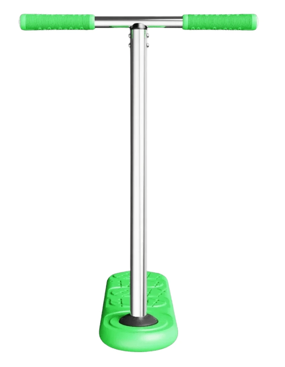 The INDO 670mm Indoor Trampoline Stunt Scooter - Green Gravity features a rectangular base, silver pole, and green handlebars as viewed from the front—ideal for enthusiasts of stunt scootering or those transitioning to indoor trampoline scooter tricks.