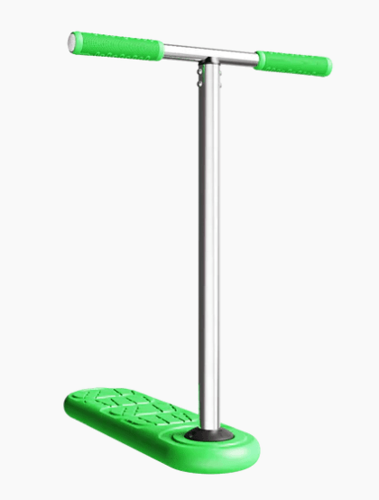 The INDO 670mm Indoor Trampoline Stunt Scooter - Green Gravity, featuring a metal pole and vibrant green handles, stands upright against a white background. With its trampoline scooter design and textured footpad, it ensures grip for thrilling rides.
