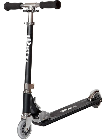 The JD Bug Original Street MS130B in Matt Black is a kids' foldable kick scooter with a sleek black and silver look, featuring two small wheels, a non-slip deck, foam-gripped handlebars, and an easy-fold mechanism for convenient transport and storage.