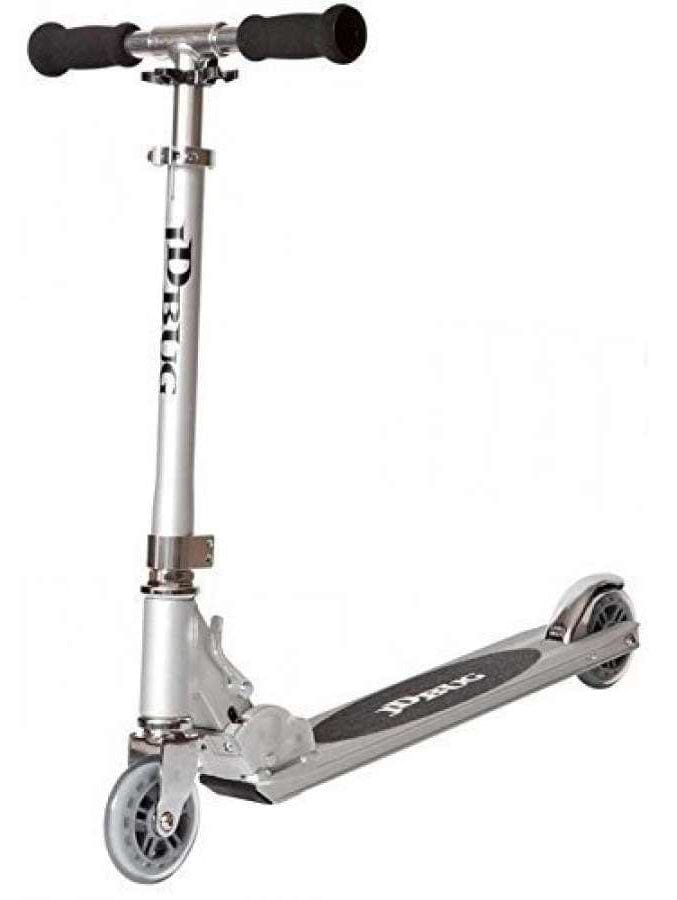 The JD Bug Original Street MS130B, a lightweight kids' foldable kick scooter, features a sleek matt silver frame with black handlebars and deck. Easily portable with two wheels, "JD Bug" is prominently displayed on the stem and deck.