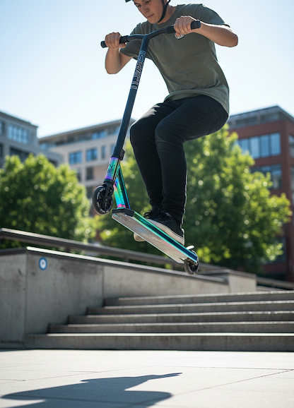 A rider in a helmet and casual clothes performs a jump trick on the Legacy 1.5 Pro Complete Stunt Scooter - Rainbow Neochrome / Black by Legacy over steps in an urban area with trees and buildings in the background.