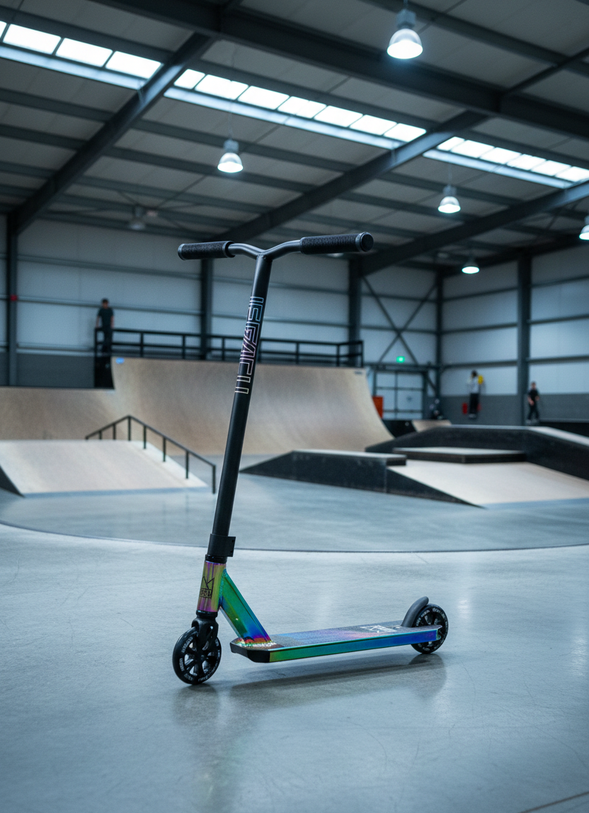 The Legacy 1.5 Pro Complete Stunt Scooter in Rainbow Neochrome/Black stands upright on an indoor skatepark floor, surrounded by ramps and rails beneath bright overhead lights.