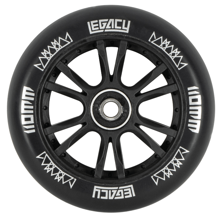 The Legacy 1.5 Pro Complete Stunt Scooter wheel, in black with white "LEGACY" branding and geometric rim designs, features 10 black spokes and a central metal bearing. Shown against a white background. Brand: Legacy.