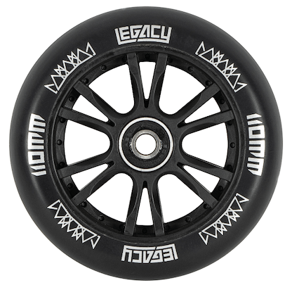 The Legacy 1.5 Pro Complete Stunt Scooter wheel, in black with white "LEGACY" branding and geometric rim designs, features 10 black spokes and a central metal bearing. Shown against a white background. Brand: Legacy.