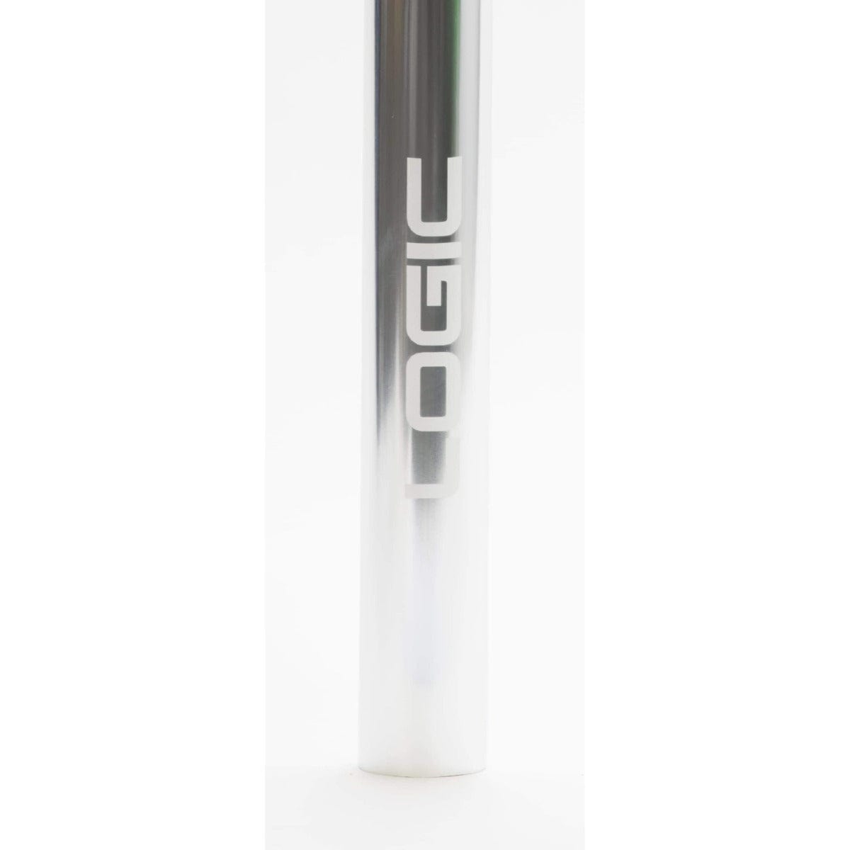 Close-up of a metal cylinder with "LOGIC" printed vertically in bold white letters on a reflective surface, highlighting the lightweight design of the Logic Axis V2 Aluminium Oversized IHC Stunt Scooter Bars in Chrome. The sleek 610mm x 610mm aluminium bars stand out against the plain white background.